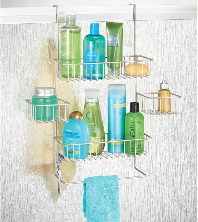 mDesign Steel Over The Door Shower Caddy - Hanging Shower Organizer Rack w/ 4 Baskets, 2 Hooks - in-Shower Hanging Caddy for Bathroom - Over Door Shower Caddy Hanger - Klypon Collection - Matte Satin