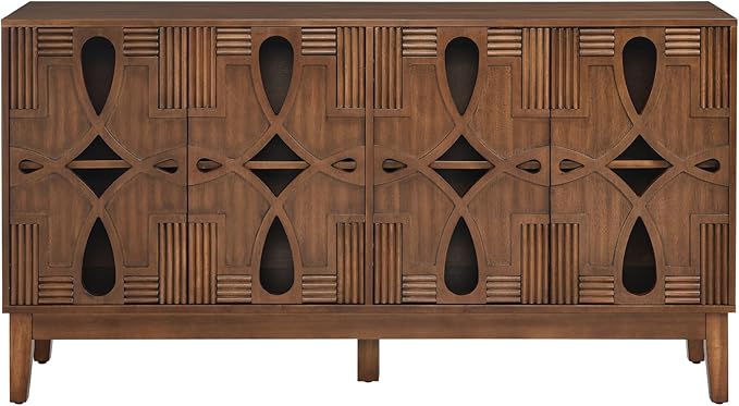 Ball & Cast 60" Mid Century Modern Sideboard Cabinet with Openwork Carving, Media Console & Buffet Cabinet with 4 Doors and Adjustable Shelves for Living Room,Kitchen Coffee Bar, Dining Room, Walnut