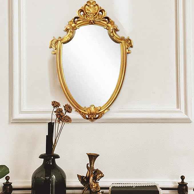 Eaoundm 16.5 x 11 inch Vintage Antique Decorative Wall Mirror - Shield Shape (Brush Gold)