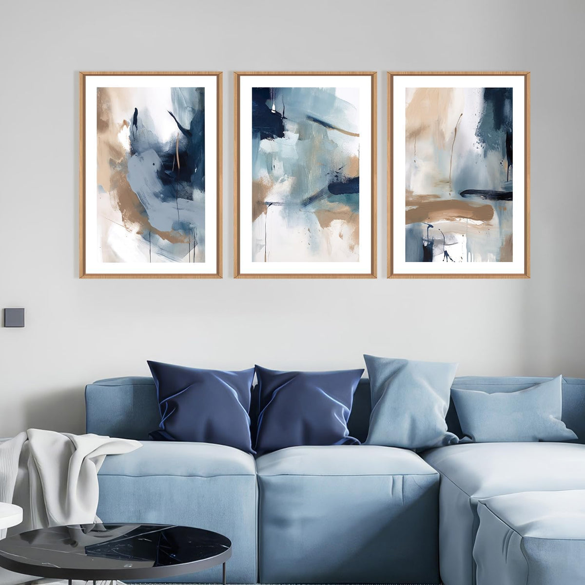 Large Abstract Navy Blue Framed Canvas Wall Art (3 Count)