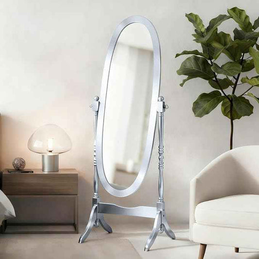 Full Length Mirror with Stand, Vintage Style Wood Floor Cheval Mirror, Traditional Adjustable Free Standing Mirrors Full Length (Silver)