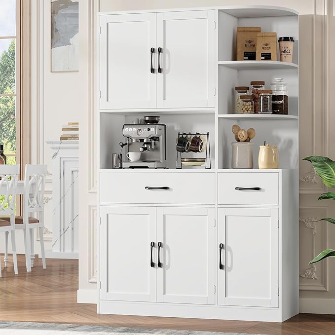 67" Kitchen Pantry Cabinet, Modern Kitchen Hutch with 5 Doors and 2 Drawers, 3-Tier External Shelf, Large Pantry Storage Cabinet with Microwave Stand for Dining Room (White)