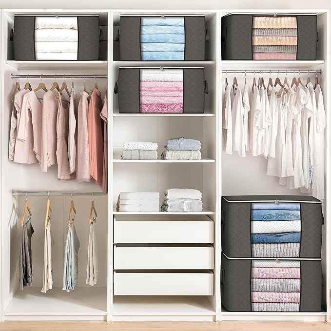 Budding Joy 90 L Large Storage Bags, 10 Pack Clothes Storage Bins Foldable Closet Organizers Storage Containers with Reinforced Handle for Clothing, Blanket, Comforters, Bed Sheets, Pillows (Gray)