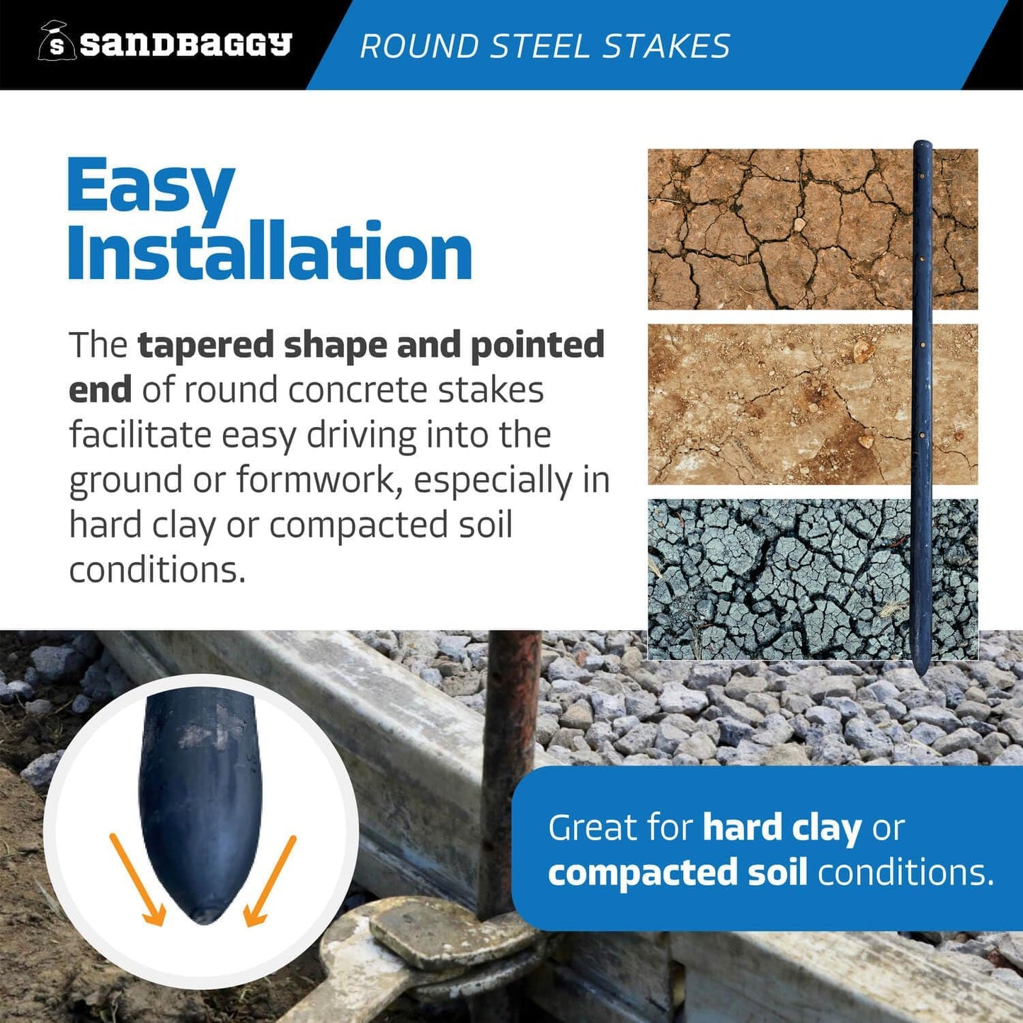 Sandbaggy Round Steel Concrete Form Stakes with Nail Holes - Rust Resistant Coating - Removable, Reusable (200, 3/4 in X 18 in)