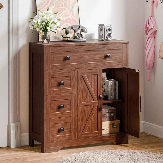 Vabches Farmhouse Storage Cabinet with 2 Doors and 4 Drawers, Freestanding Bathroom Storage Cabinet Kitchen Pantry, Floor Hutch Cupboard for Living Room/Bathroom/Kitchen,Walnut