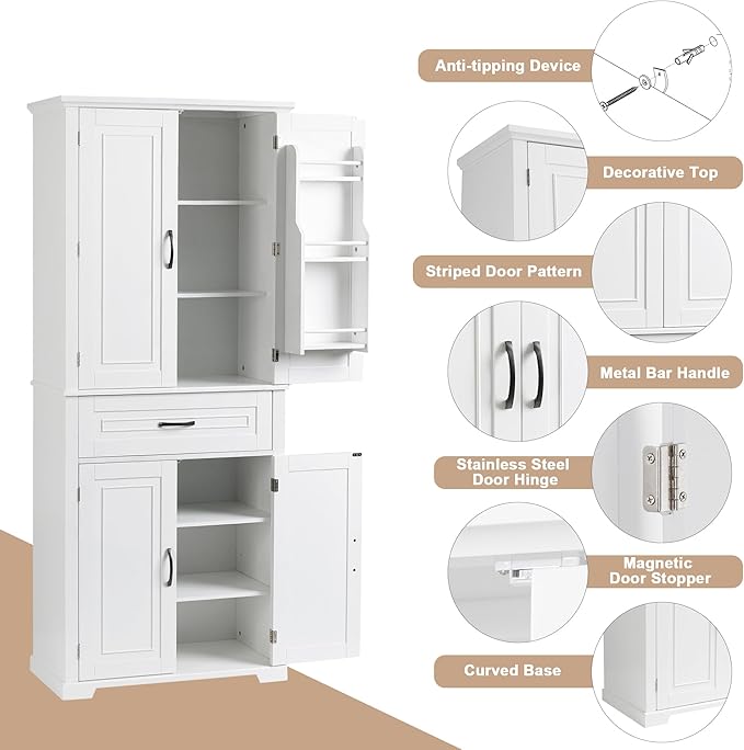 72.2" Storage Cabinet with Doors and Drawers, Tall and Wide Kicthen Pantry Cupboard Home Display Organizer with Door Shelf Rack for Bathroom, Adjustable Shelf, White