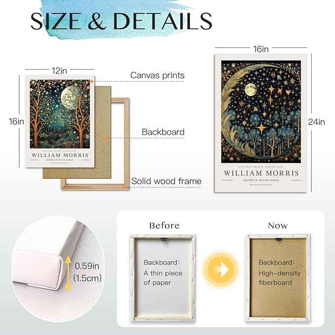 Hianan William Morris Framed Canvas Wall Art, Vintage Gold Moon Stars Poster Prints, Many Dreamlike Stars Wall Decor, Retro Botanical Aesthetic Picture for Bedroom Living Room Office 12"x16"x3