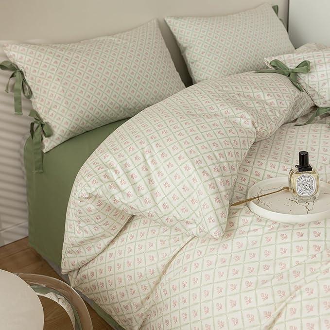 LifeTB Pink Flower Comforter Set Twin XL 3 Pieces Chic Plaid Grid Comforter with 2 Bow Ties Pillowcases Cute Botanical Cottagecore Bedding Set Girls Coquette Bedding Comforter Twin XL Comforter Set