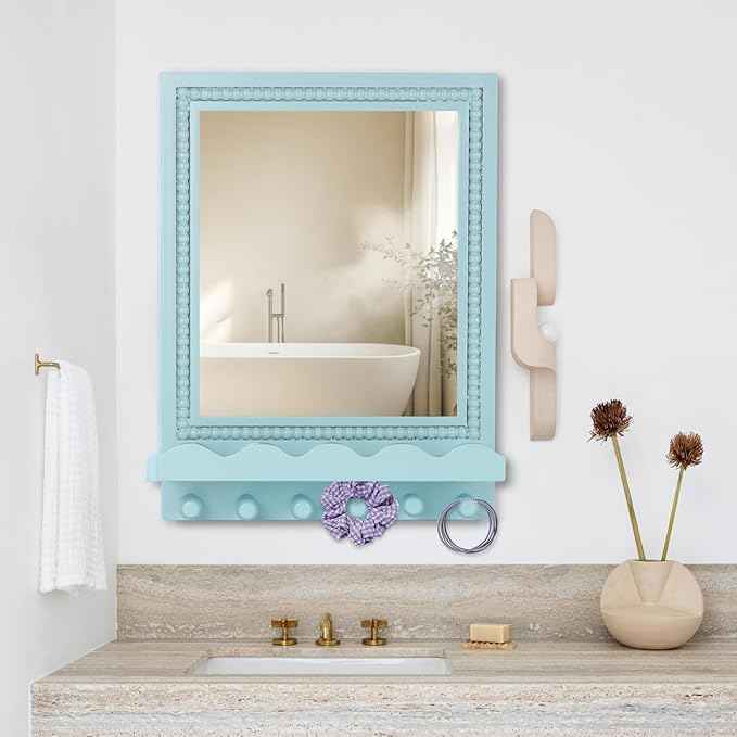 Tirzah 16x12 Inch Wall Mount Beaded Wood Framed Mirror with Shelf and 6 Hooks, Blue Decorative Entryway Mirror with Storage for Laundry Room, Bathroom, Bedroom
