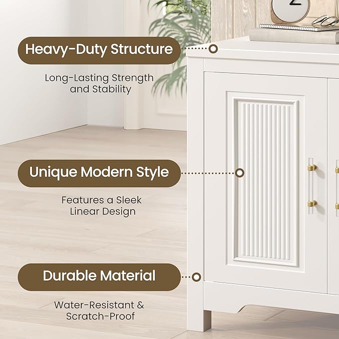 55'' Buffet Cabinet with Storage, Modern Fluted Door Design Sideboard Buffet Cabinet with Storage and Adjustable Shelf, Coffee Bar Station for Kitchen, Dining Room, Pure White
