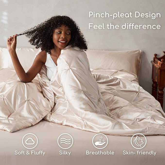 MR&HM Satin Comforter Twin 5 Pieces - Luxurious Pinch Pleat Bedding Set with Comforter, Flat Sheet, Fitted Sheet, Pillowcase & Sham, Super Silky Soft Bed Set for All Season (Twin, Beige)