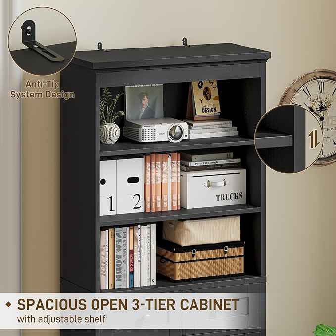 Vabches Farmhouse Bathroom Cabinet, 70" Tall Bathroom Storage Cabinet with 3 Drawers, Adjustable Shelves & Doors, 3 Tier Wood Cabinets for Bathroom, Living Room, Kitchen, Rustic Black