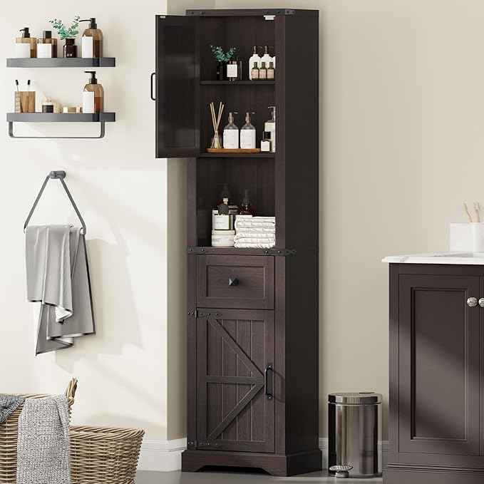 66" Tall Farmhouse Bathroom Storage Cabinet with Barn Doors and Drawer, Narrow Storage Unit, Adjustable Shelves & 5-Tier Space, Freestanding Cabinet for Bathroom, Entryway, Kitchen, Espresso