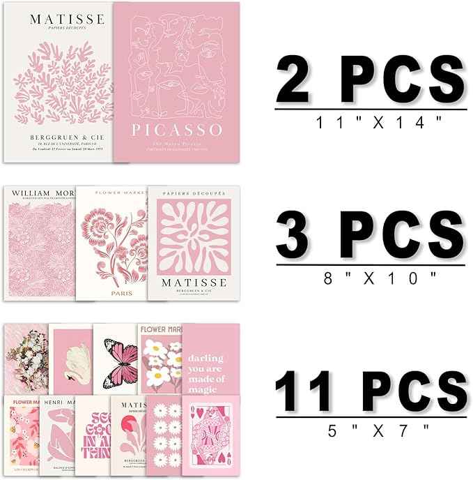 16 PCS Pink Wall Art Decor, Matisse Gallery Wall Prints for Bedroom, Light Pink Posters for Room Aesthetic, Collage Kit Pictures for Living Room, Teen Girls Dorm Home Artwork