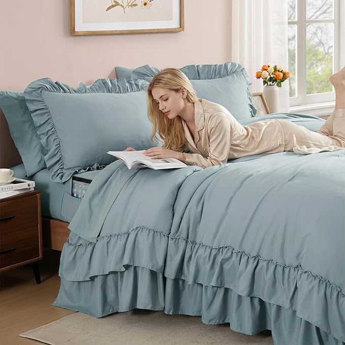 Queen Comforter Set Dusty Blue, Ruffle Shabby Chic Bedding Set Farmhouse 7 Pieces, All Season Fluffy Bed in a Bag with Sheets, Pillowcases & Shams