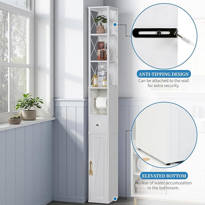 VECELO 67" Narrow Storage Cabinet, Tall Slim Corner Cabinet, Corner Storage with X-Shaped Metal Frame, Toilet Paper Holder, Magnetic Door, Ideal for Small Space, White