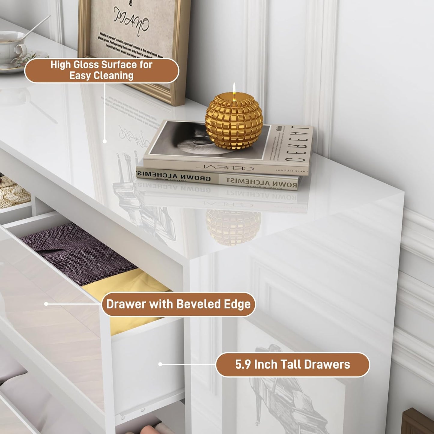 White Malm Dresser for Bedroom, 55 Inch Full High Gloss Dresser with 7 Drawers, Modern Large Wood Chest of Drawer Handle Free, Living Room, Entryway, Hallway, White