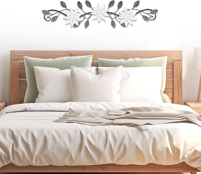 KHJCXS Metal Wall Art Modern Minimalist Metal Flowers Indoor Decor Horizontal Wall Art Iron Artwork,for Over Door,Bedroom,Living Room,Kitchen,Office Scroll Decor (White2)