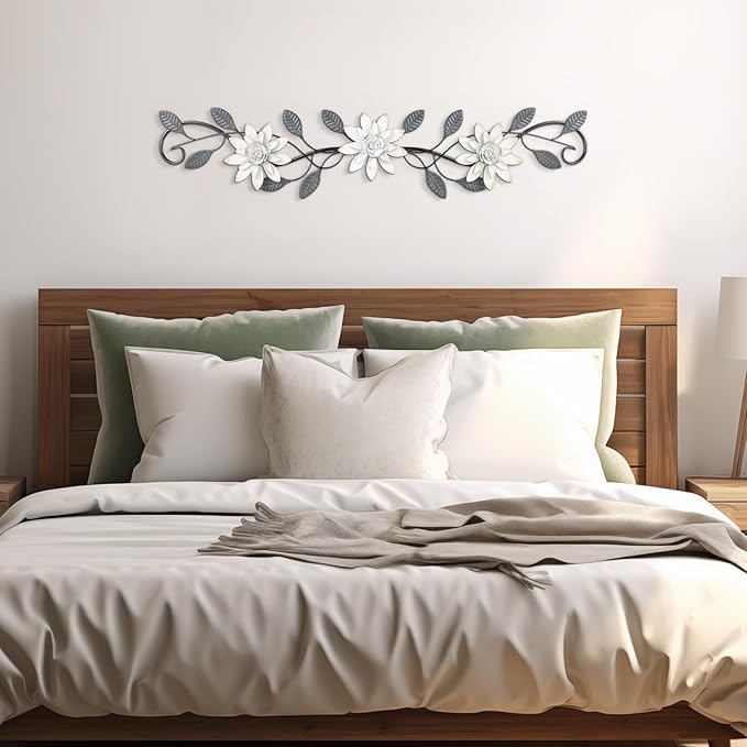 KHJCXS Metal Wall Art Modern Minimalist Metal Flowers Indoor Decor Horizontal Wall Art Iron Artwork,for Over Door,Bedroom,Living Room,Kitchen,Office Scroll Decor
