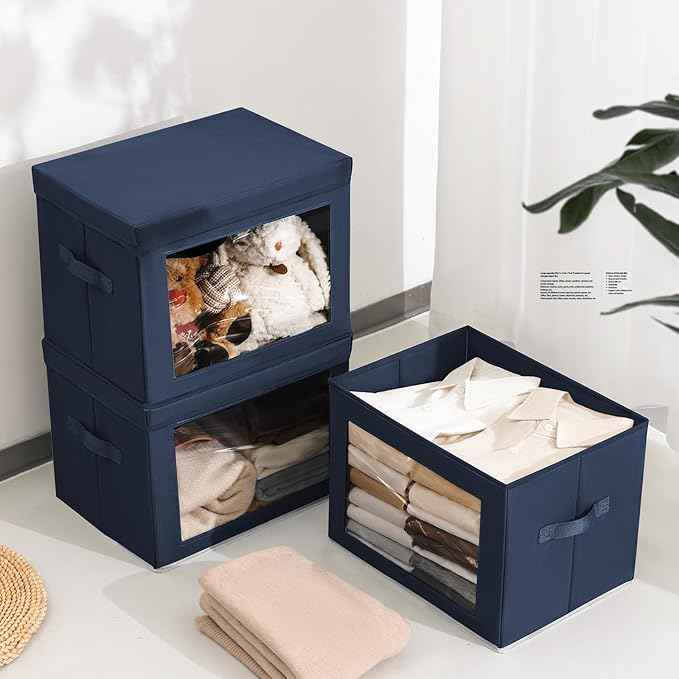Stackable Storage Bins with Lids - Large Storage Box with Lids, Foldable Closet Boxes for Organizing, Wardrobe Clothes Organizer with Window, Cubes Bins for Living Room, 3 Pack, Navy Blue