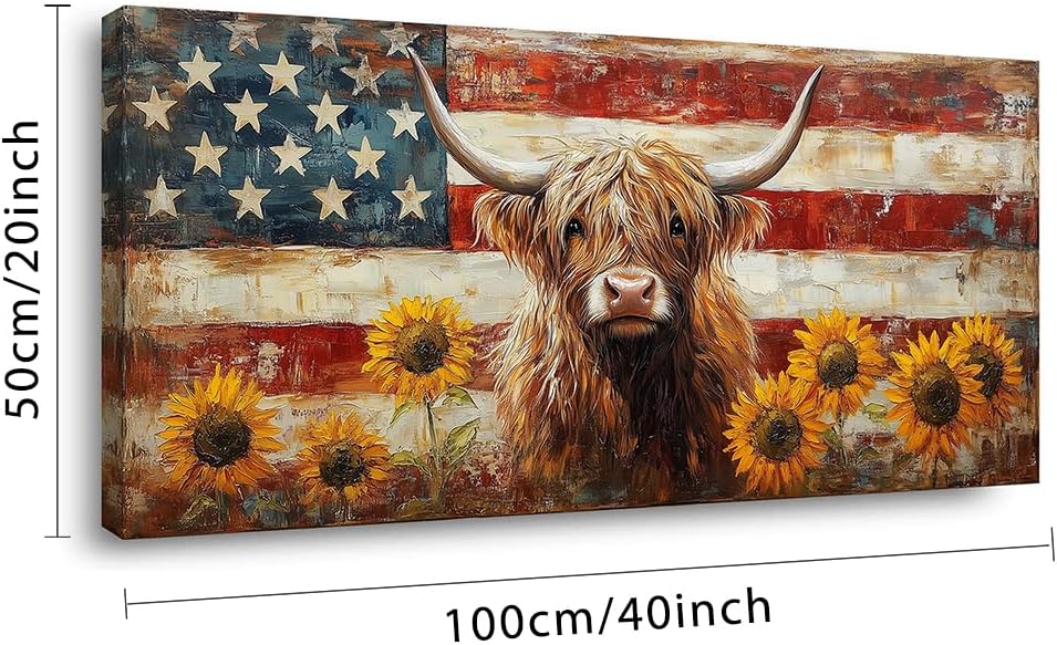 LASMOND Country Highland Cow Wall Art for Living Room Rustic Retro Vintage American Flag Sunflower Canvas Painting Prints Highland Cattle Artwork Farmhouse Bedroom Office Decor (40x20 Inches)