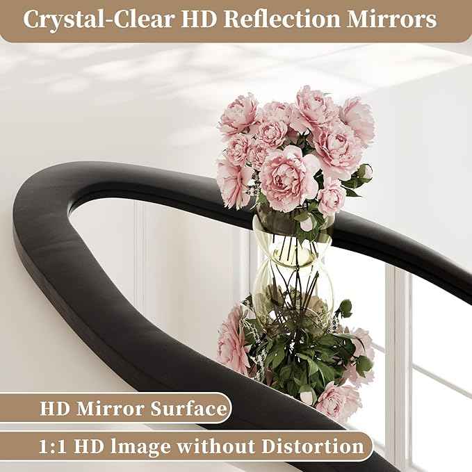 Full Length Mirror, 63"x24" Full Body Mirrors, Flannel Floor Mirrors with Stand, Irregular Wavy Mirror Hanging or Leaning Against Wall for Bedroom Living Room, Black