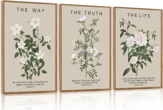 Aurlan The Way The Truth The Life Bible Verse Framed Wall Art(16"x24"), 3PCS Boho Christian Scripture Canvas Artwork, Large Floral Botanical Job 23:11 Psalm 43:3 John 14:6 Decor for Home Bedroom