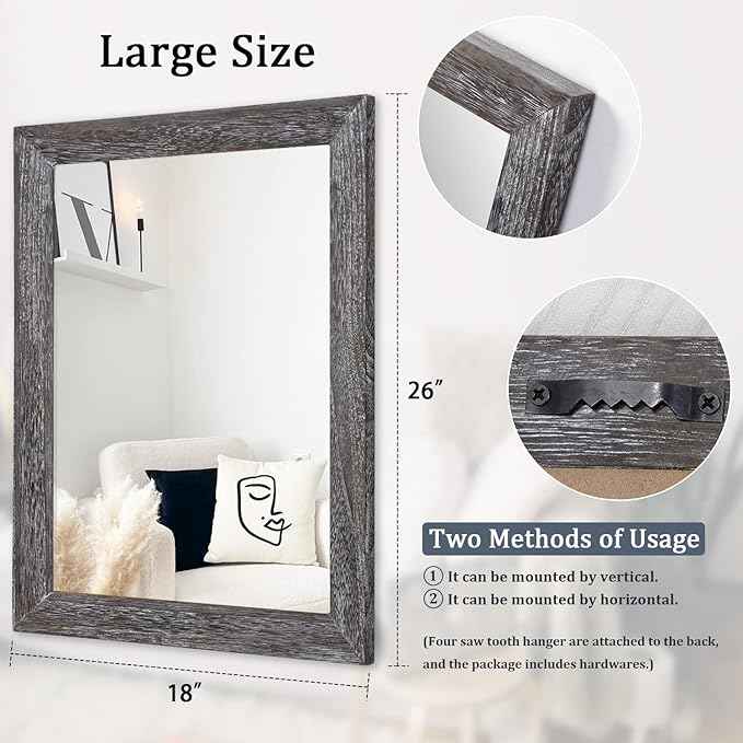 AAZZKANG Wall Mirror with Rectangle Wood Frame Large 26"x18" Rustic Decorative Hanging Mirrors for Bedroom Bathroom Living Room Home Office