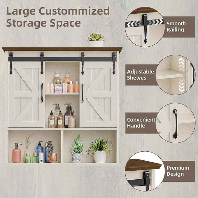 Vabches Bathroom Wall Cabinet, Farmhouse Medicine Cabinet with Double Sliding Barn Door and Adjustable Shelves, Wooden Vintage Storage Cabinet Wall Mounted for Bathroom, Kitchen Dining, Rustic White