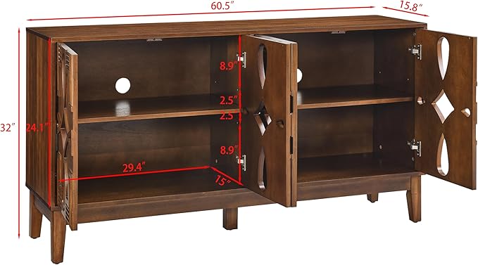 Ball & Cast 60" Mid Century Modern Sideboard Cabinet with Openwork Carving, Media Console & Buffet Cabinet with 4 Doors and Adjustable Shelves for Living Room,Kitchen Coffee Bar, Dining Room, Walnut