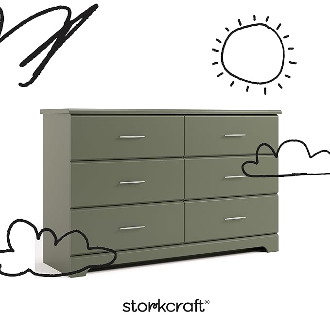 Storkcraft Brookside 6-Drawer Dresser (Olive) – GREENGUARD Gold Certified, Green Dresser for Bedroom, Kids & Nursery Storage Chest, Safety Interlocking Drawers, Pre-Installed Tracks, Kids Chest