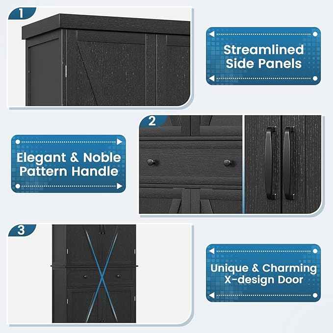 72" Tall Kitchen Pantry Cabinet, Black Pantry Storage Cabinet with Adjustable Shelves, Barn Doors and Drawer, Farmhouse Cupboard for Kitchen, Dining Room, Bathroom (16" D x 30" W x 72" H)