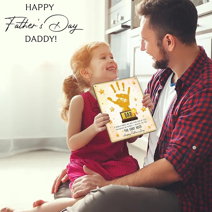 World's Best Dad Trophy from Baby Handprint Keepsake, DIY Best Dad Ever Hands Down Sign Trophy #1 Dad Fathers Day Kid Handprint Art Craft Plaque for Dad Papa from Daughter Son Wife, Birthday Dad Gift