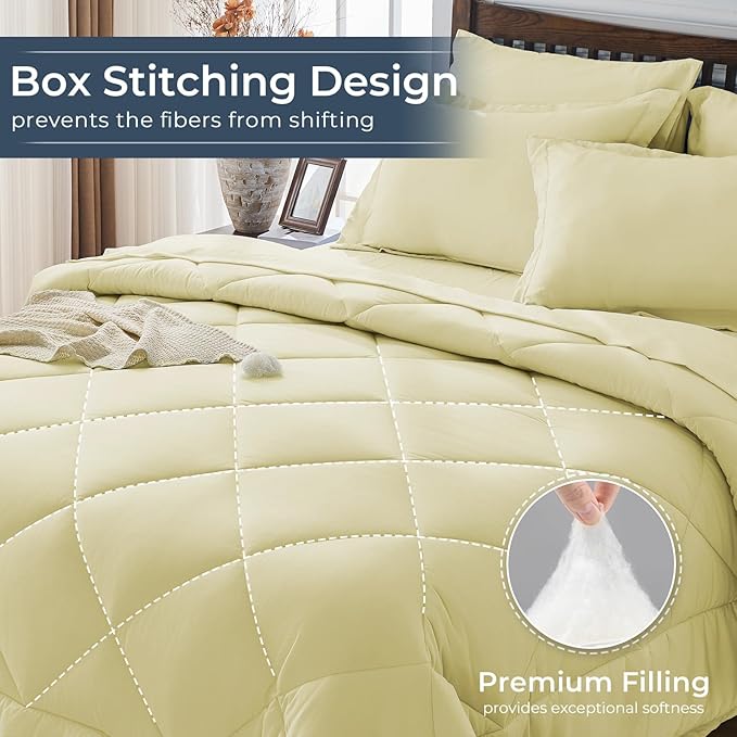 HEVUMYI Cream Yellow Twin-XL Comforter Set - 5-Piece All Season Bed in a Bag Twin-XL, Ultra Soft Bedding Set with Comforter, Flat Sheet, Fitted Sheet, Pillowcases, Pillow Shams