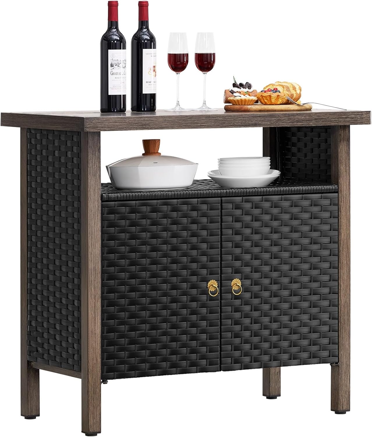 Outdoor Storage Cabinet, Woven Rattan Bar Table with 2 Doors, Slatted-Top, Wicker Console Table for Patio, Garden, Backyard, Kitchen - Black