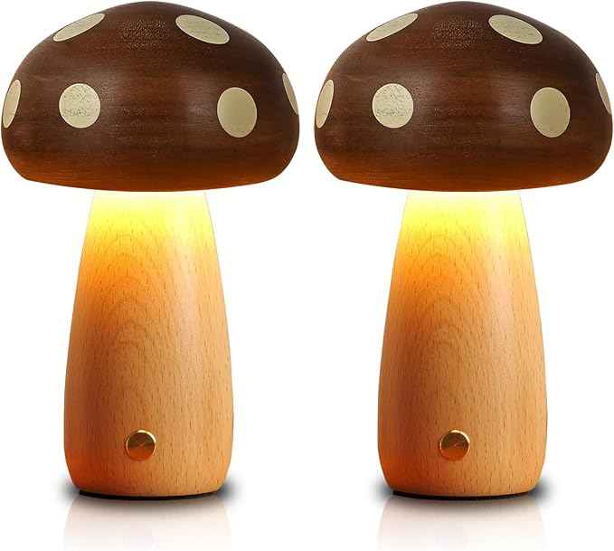 2 Pack LED Wood Mushroom Table Lamp, Rechargeable Cordless Touch Bedside Small Lamps, Wireless Stepless Dimming Night Light, Portable Battery Lamp for Bedroom Nightstand for Birthday Gifts