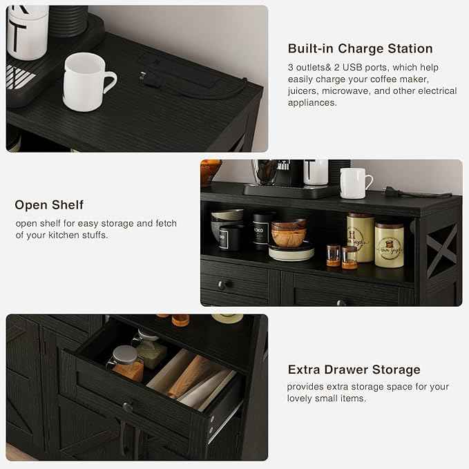 52" L Modern Farmhouse Sideboard Buffet Cabinet, Black Storage Cabinet with Drawers & Shelves, Kitchen Pantry Hutch, Coffee Bar Station Table for Living Room, Dining Room, Entryway