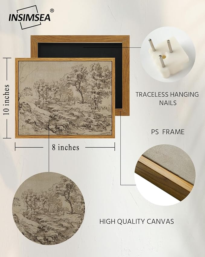 InSimSea Framed Canvas Print Art, Vintage Sketch Landscape Painting, Rustic Farmhouse Cottage Decor for Hallway Wall Floating Shelf Desk Vanity Fireplace,10x8 in, Neutral Tones