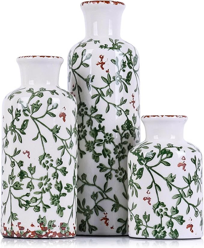 Green Ceramic Vase Set - 3 Chinoiserie Green Floral Vases, Farmhouse Country Flower Vase Home Decor, Living Room Decoration, Table Decoration, Fireplace Decor, and Entrance Decorations Centerpiece