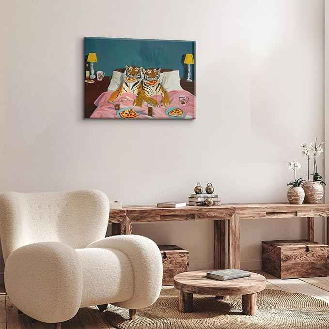 LSXARTQQ Funny Tiger Eating Pizza in Bed Wall Art Vintage Fun Tigers Couple Canvas Wall Decor Maximalist Blue Pink Jungle Animal Paintings Eclectic Whimsical Bedroom Picture Print(12x16inch)