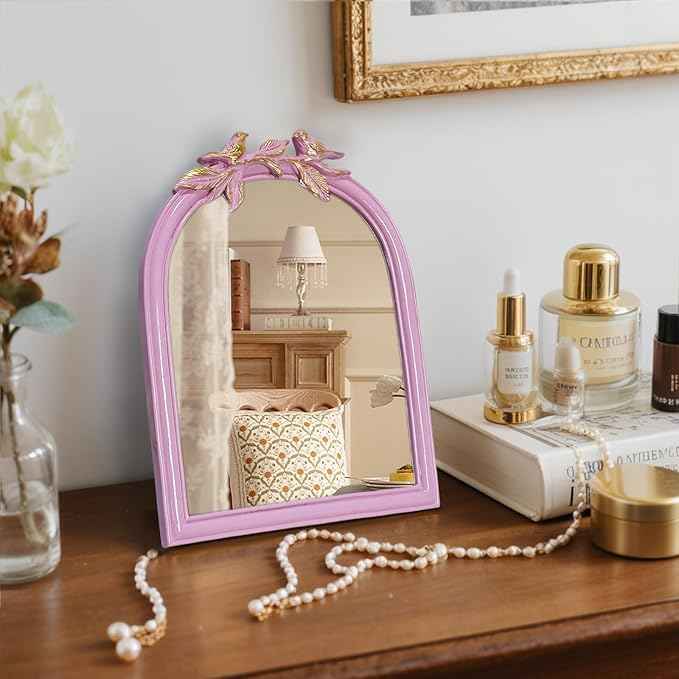 Pink Bird Bow Mirror - 13x10 Inch Perfect Elegant Decorative Accent, Wall-Mounted Tabletop Makeup Mirror for Nursery Baby Room Bedroom Decor