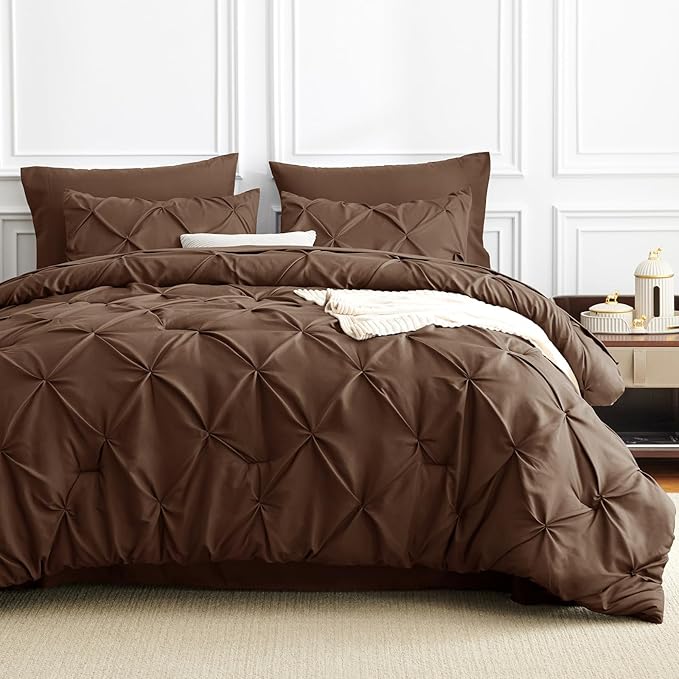 CozyLux Queen Comforter Set Brown, 7 Pieces Pintuck Bed in A Bag, Premium Brown Comforter Queen Size, Pinch Pleat Bedding Sets with Comforter, Sheets, Pillowcases & Shams