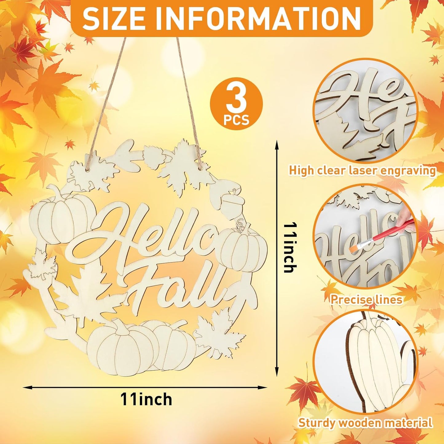 Unfinished Fall Wreaths Wood Crafts to Paint Set of 3, 11" Bulk Autumn Leaves Pumpkin Wreath Ornaments for Painting, Unfinished Wood Cutouts DIY Ornaments for Front Door with Ropes