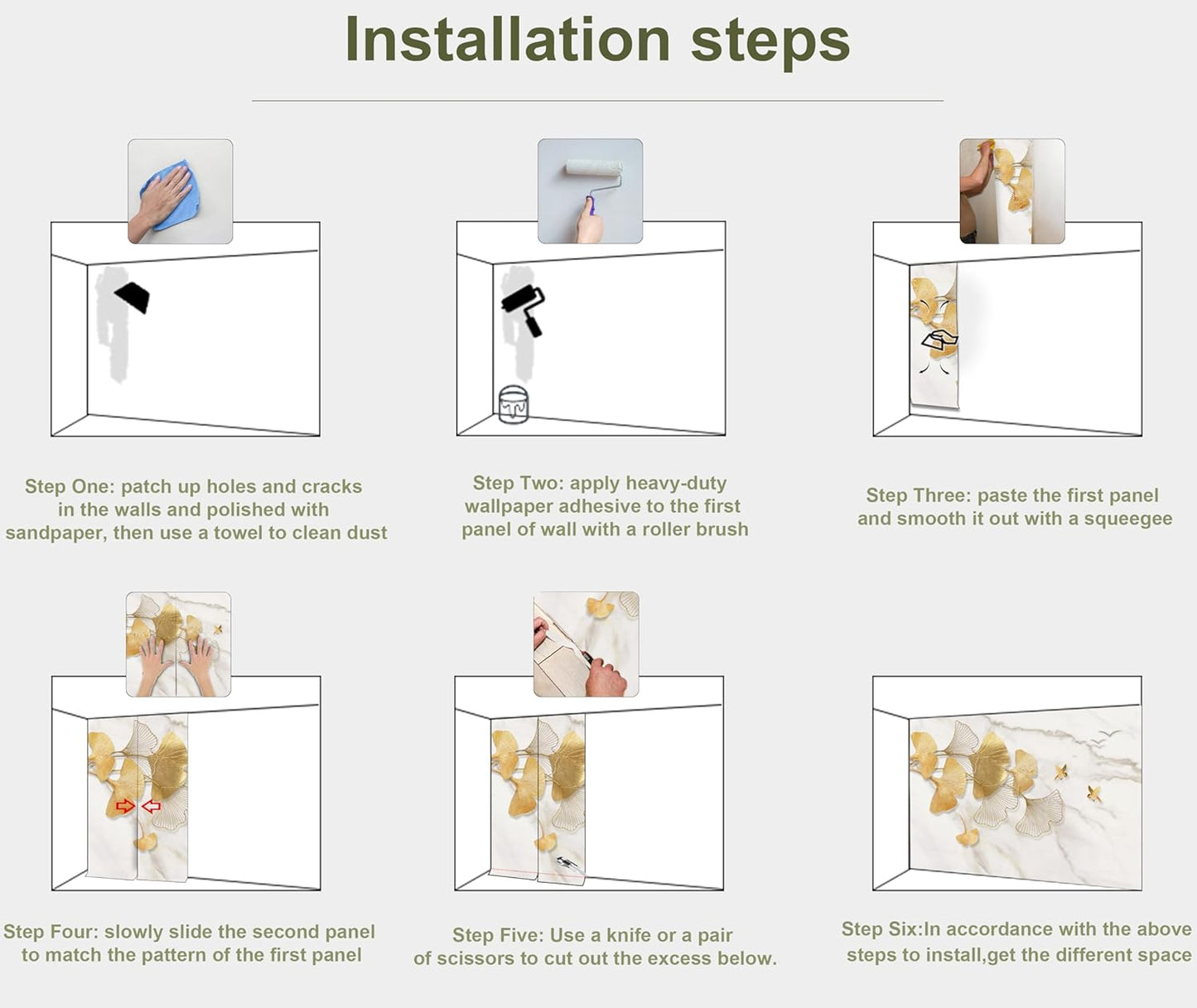 Golden Ginkgo Leaves Wall Mural Fake Marble Wallpaper for Bedroom Living Room (Not Peel n' Stick)