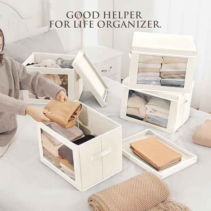 Stackable Storage Bins with Lids - Medium Storage Box with Lids, Foldable Closet Boxes for Organizing, Wardrobe Clothes Organizer with Window, Fabric Bins for Living Room, 6 Pack, Beige