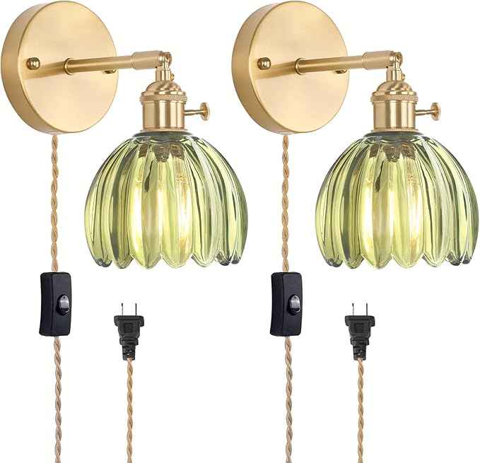 Plug in Wall Sconce, Green Tulip Glass Lampshade Wall Light Plugin Corded for Bedside Bedroom Doorway, 2 Pack