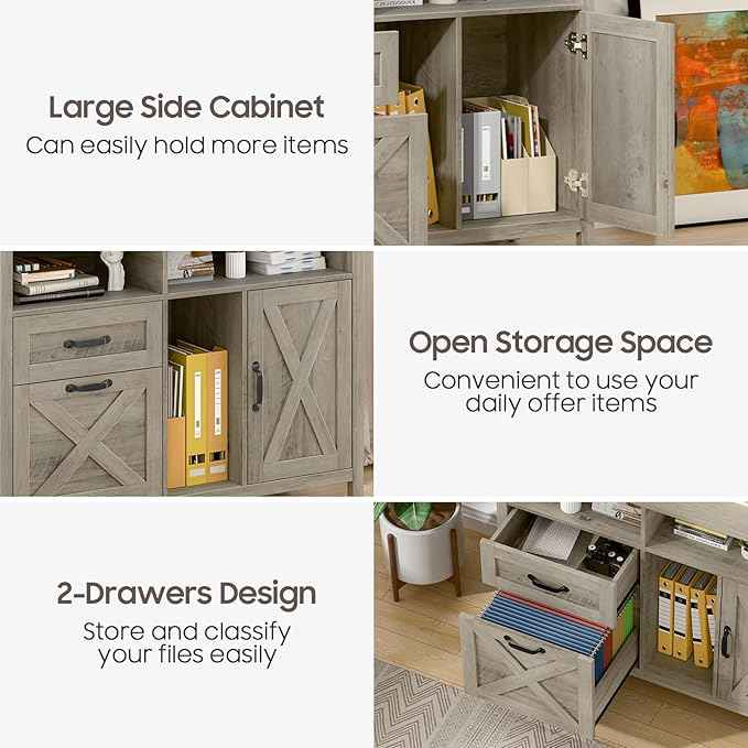 Vabches Lateral File Cabinet, Farmhouse 2 Drawer File Cabinet with Open Storage Shelf for Letter/Legal/A4 Size Hanging Files, Large Wood Storage Cabinets Printer Stand for Home Office, Rustic Grey