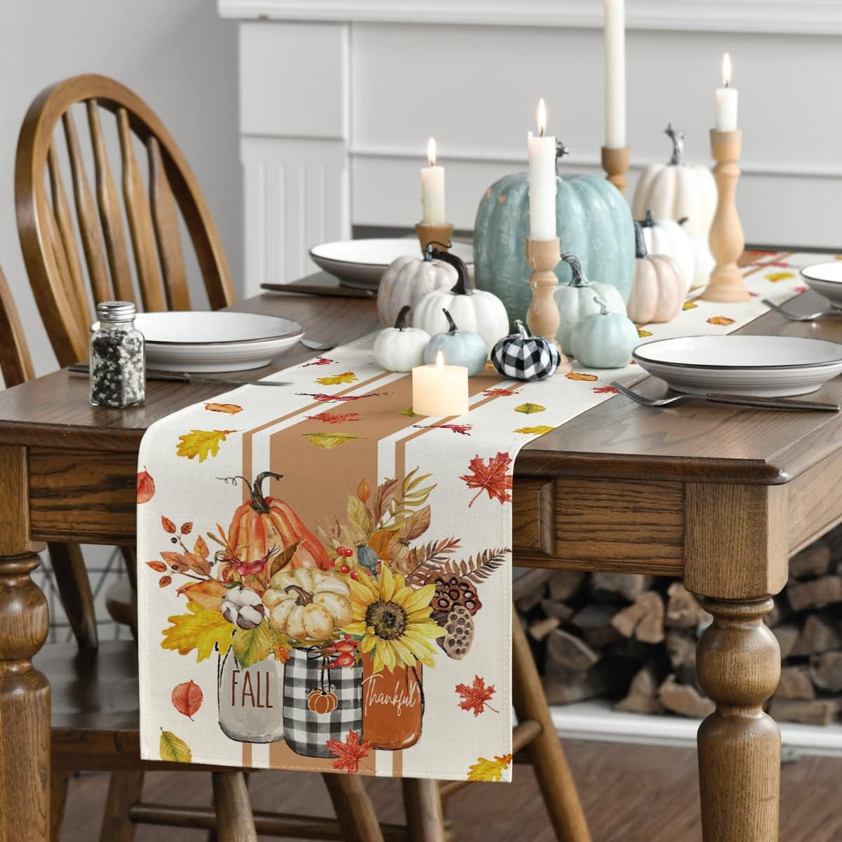 Artoid Mode Thankful Fall Pumpkin Leaves Floral Vases Table Runner, Autumn Thanksgiving Kitchen Dining Table Decoration for Home Party Decor 13x36 Inch