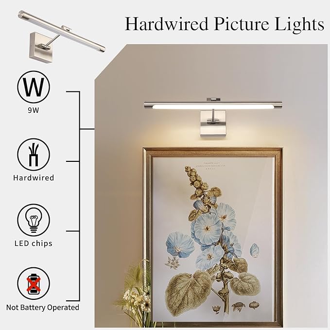 Joosenhouse Single Arm LED Picture Lights 16.53 Inch, Full Metal Artwork Lamp with Rotatable Sconces Lamp Head, 7W (45W Eqv.), Hardwired Connection, 3000K Warm White 560Lm, Brushed Nickel Finish…
