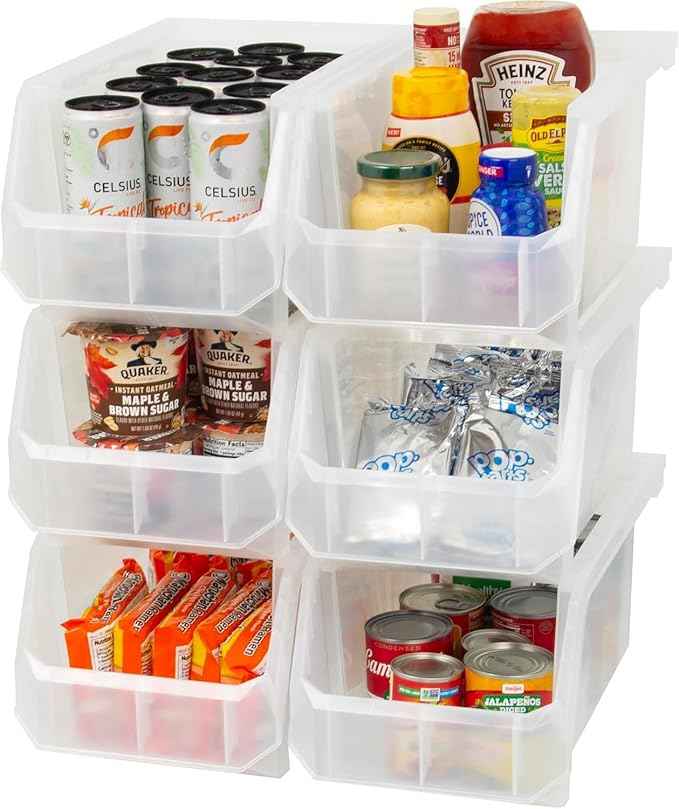 Plastic Containers for Organizing and Storage Bins for Closet, Kitchen, Office, Garage or Pantry Organization, Stackable Bins, Large (14.8" x 8" x 7"), 6-Pack, Clear